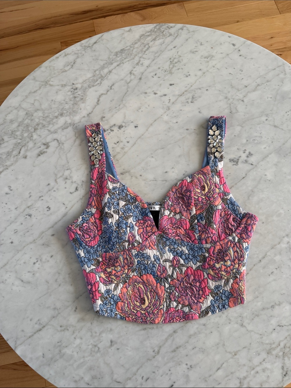 Zara Pink and Blue Floral Embroidered Crop Top with Jewel Straps